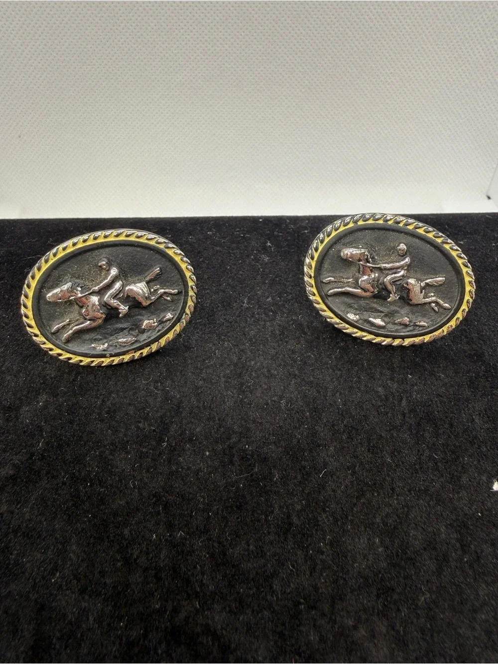Vintage Hickok USA Rhodium Plated Horse & Rider Oval Cufflinks Equestrian